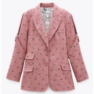 Zara Special Edition CFDA Vogue Embroidered Blazer Womens Medium Pink Linen